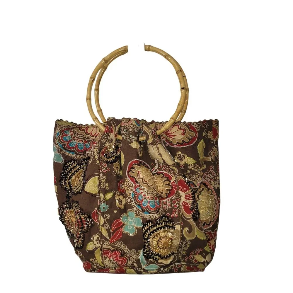 Tianni Floral Embroidered Boho Fabric Handbag With Bamboo Ring Handles